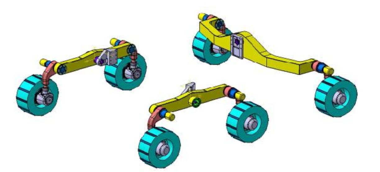 3 bogies conceptual design — two side bogies and one rear bogie rotated 90°