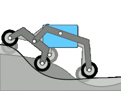 Rocker-bogie suspension geometry keeping all wheels in contact as the vehicle crosses uneven ground