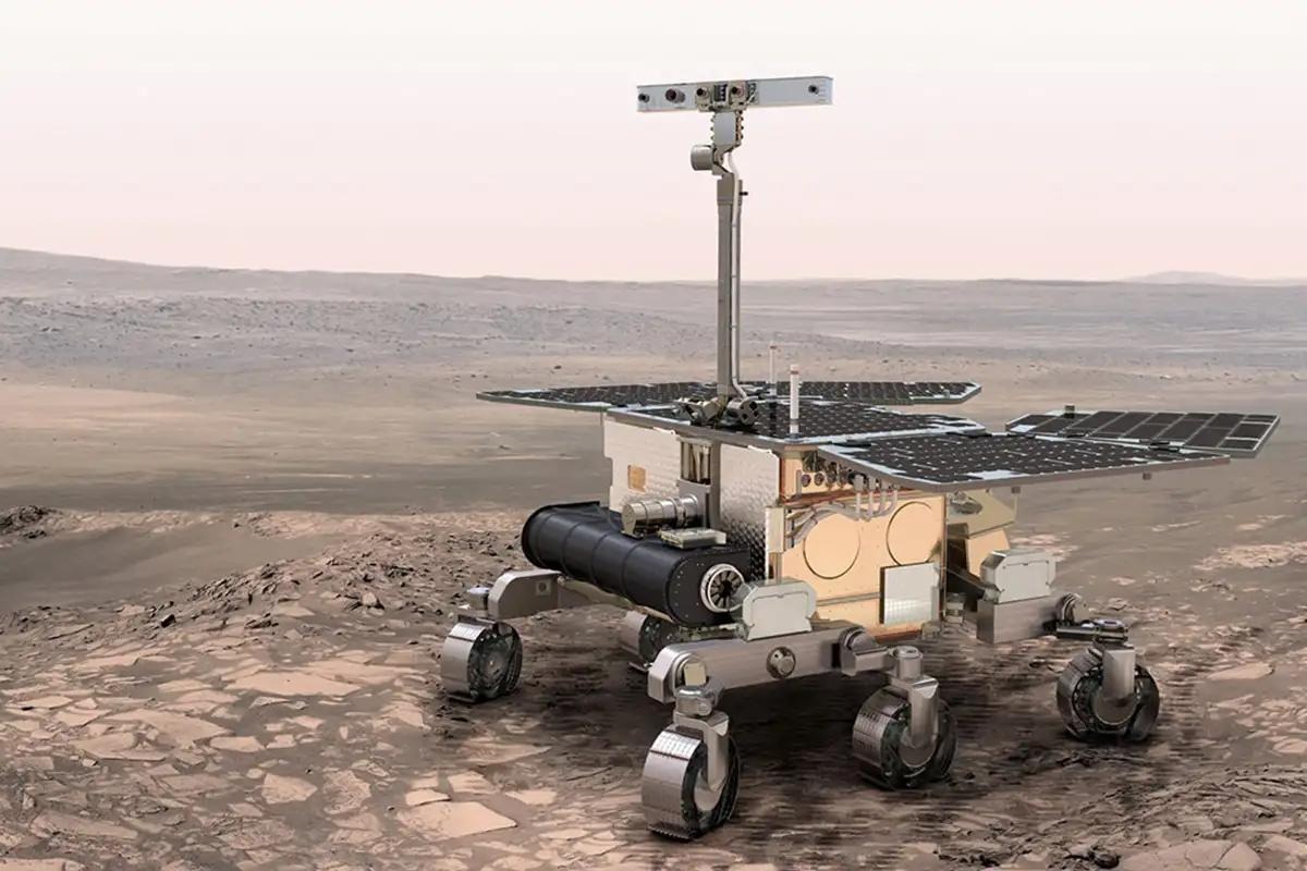 ExoMars rover with 3-bogie suspension on Martian terrain