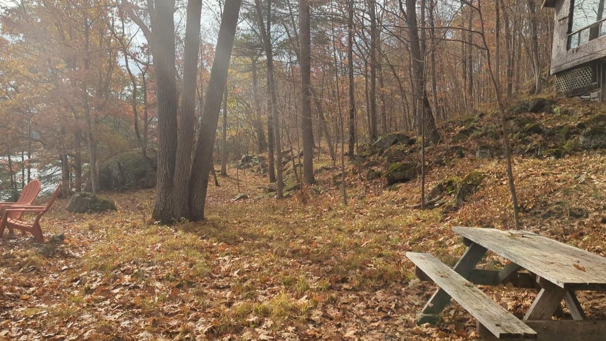 Waterfront area with rocky terrain, picnic table, and wooded slope