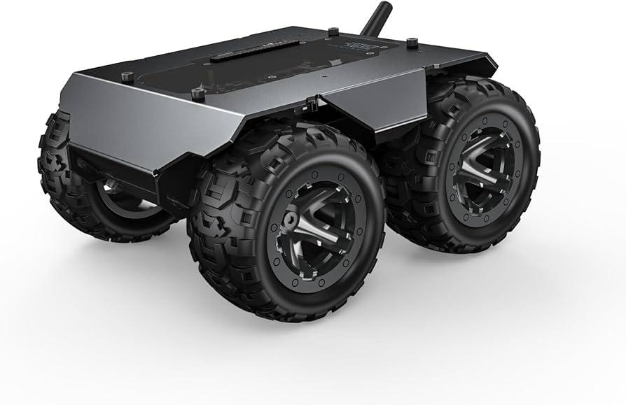 A 4WD skid steer wheeled robot — compact, flat, no suspension